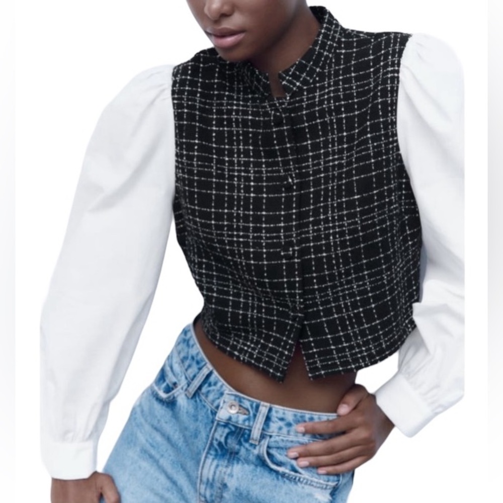 ZARA Black & White Plaid Cropped Vest with White Puff Sleeves